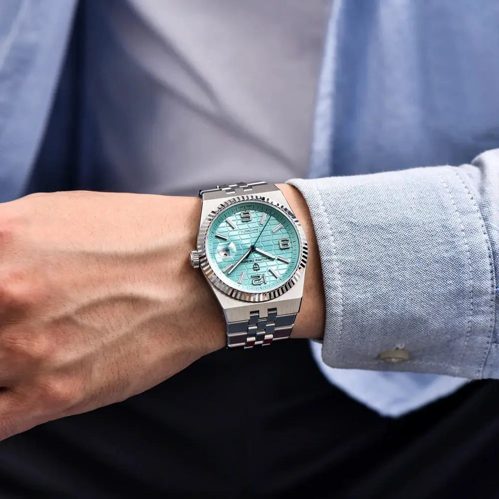PAGANI DESIGN men's stainless steel automatic wristwatch with turquoise 3D rhombus dial and sapphire crystal