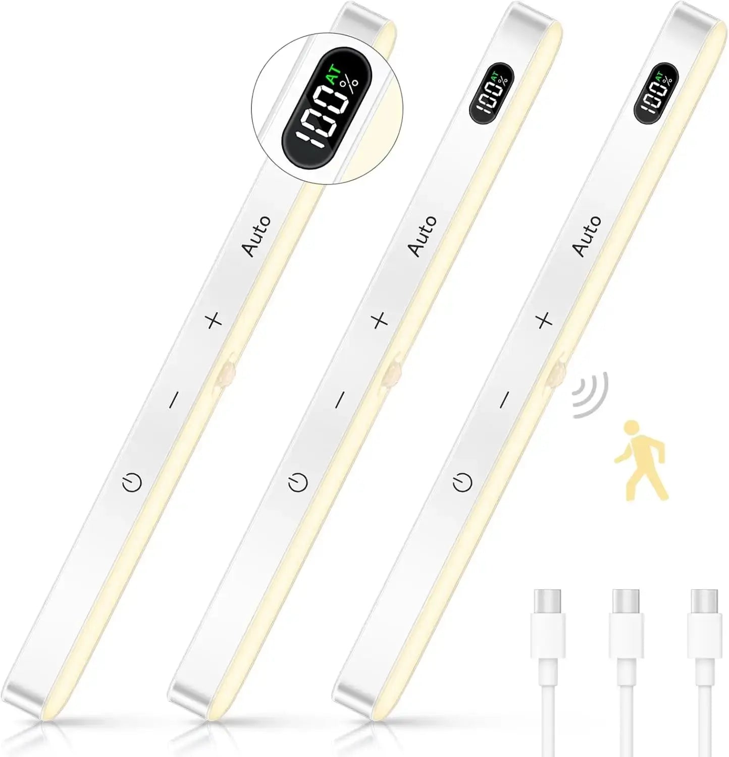 WILLED 60-LED warm-light motion-sensor cabinet light bar, 3-pack with touch control and wireless rechargeable battery display