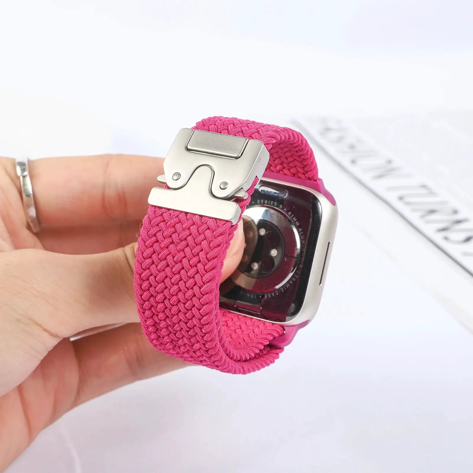 Pink braided Parachute strap for Apple Watch with stainless steel buckle