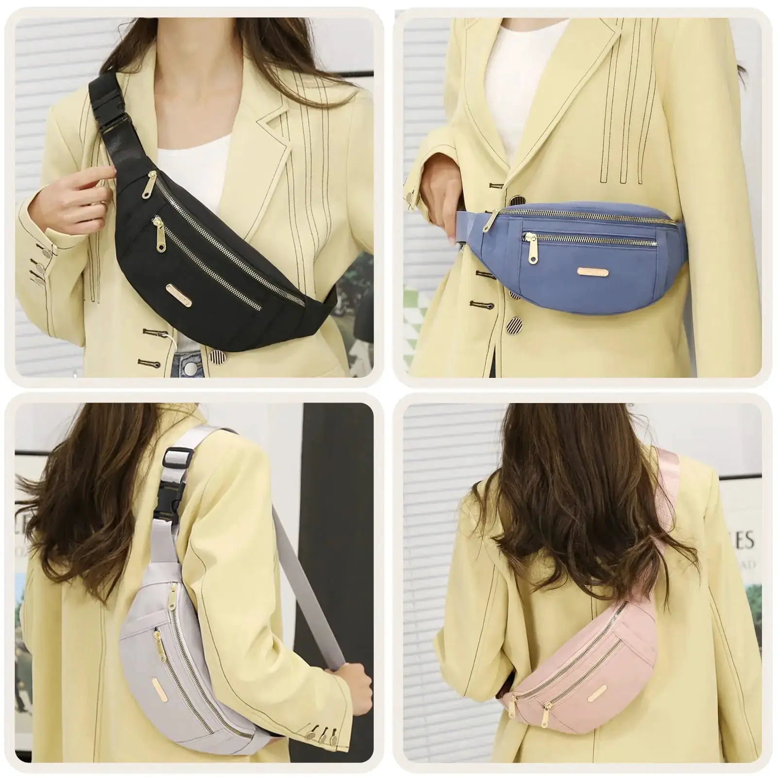 Simples Market fanny pack belt bag; lightweight waist bag shown in black, blue, gray, and pink on models