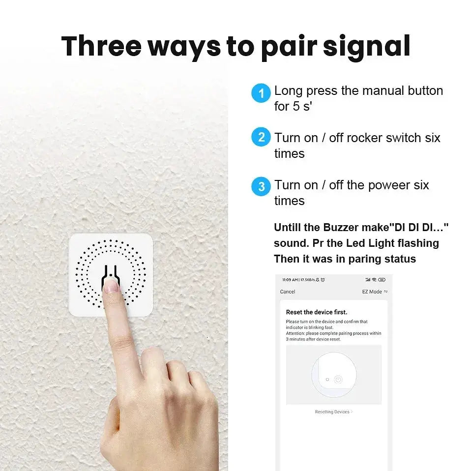 Simples Market white mini 16A WiFi smart switch module for Smart Life App; wall panel with perforated circular pattern