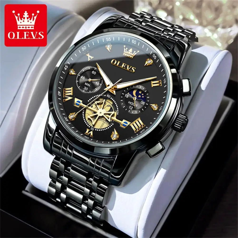 OLEVS luxury men's wristwatch with black dial, flywheel gear design, moon phase, gold Roman numerals, and silver steel band.
