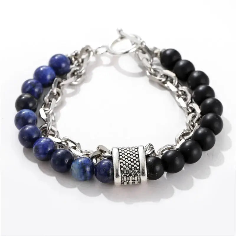 Fashion Punk Frosted Stone Chain Geometric Double Layer Beaded Bracelet Stainless Steel All Match Trend Accessory