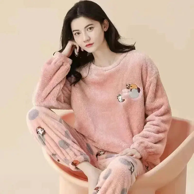 CozyNest Thickened Flannel Women Sleepwear Set Padded Bear Two Piece Nightwear For Autumn Winter Warm Coral Velvet