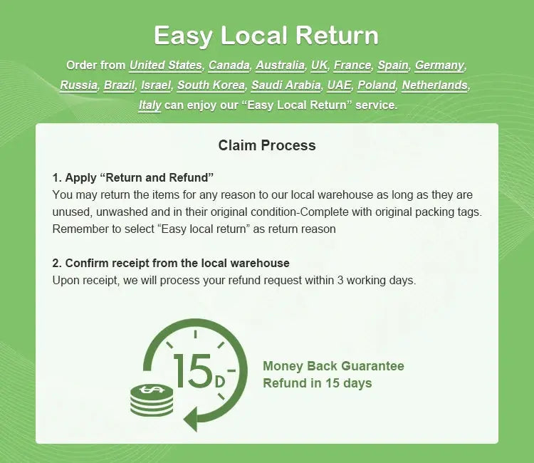 Easy Local Return promo page with claim process steps and 15-day money-back guarantee.