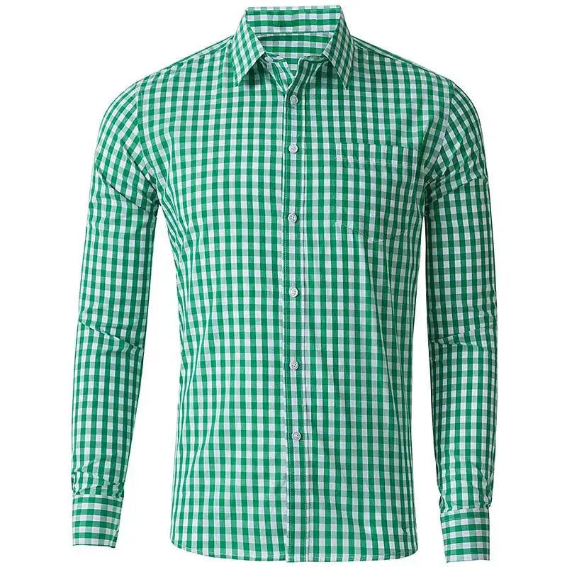Men's green and white plaid long-sleeve shirt with button front and chest pocket