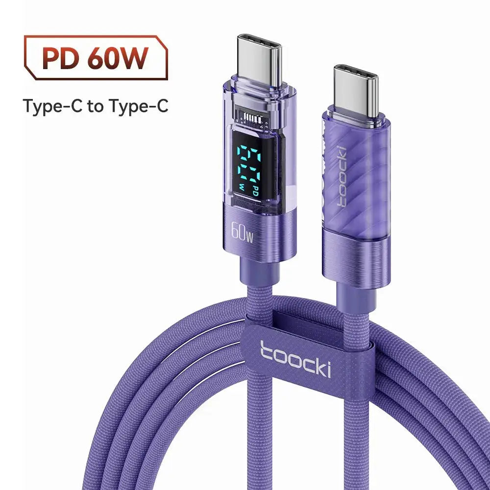 Toocki USB-C to USB-C PD 60W charging cable, purple braided translucent housing with display