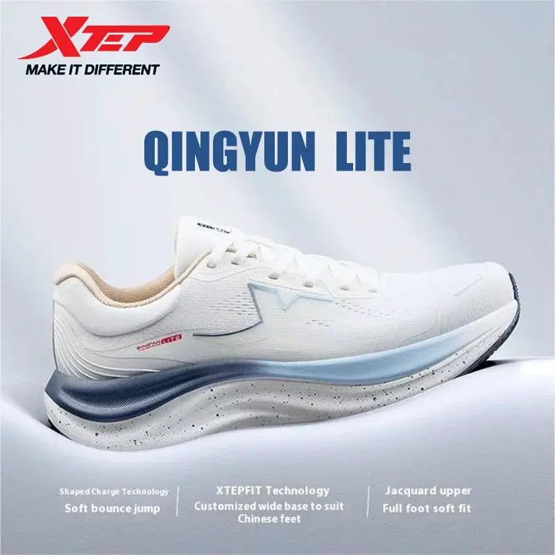 Xtep Qingyun Lite men's running shoe, white upper with light blue midsole, cushioned wear-resistant sneaker.