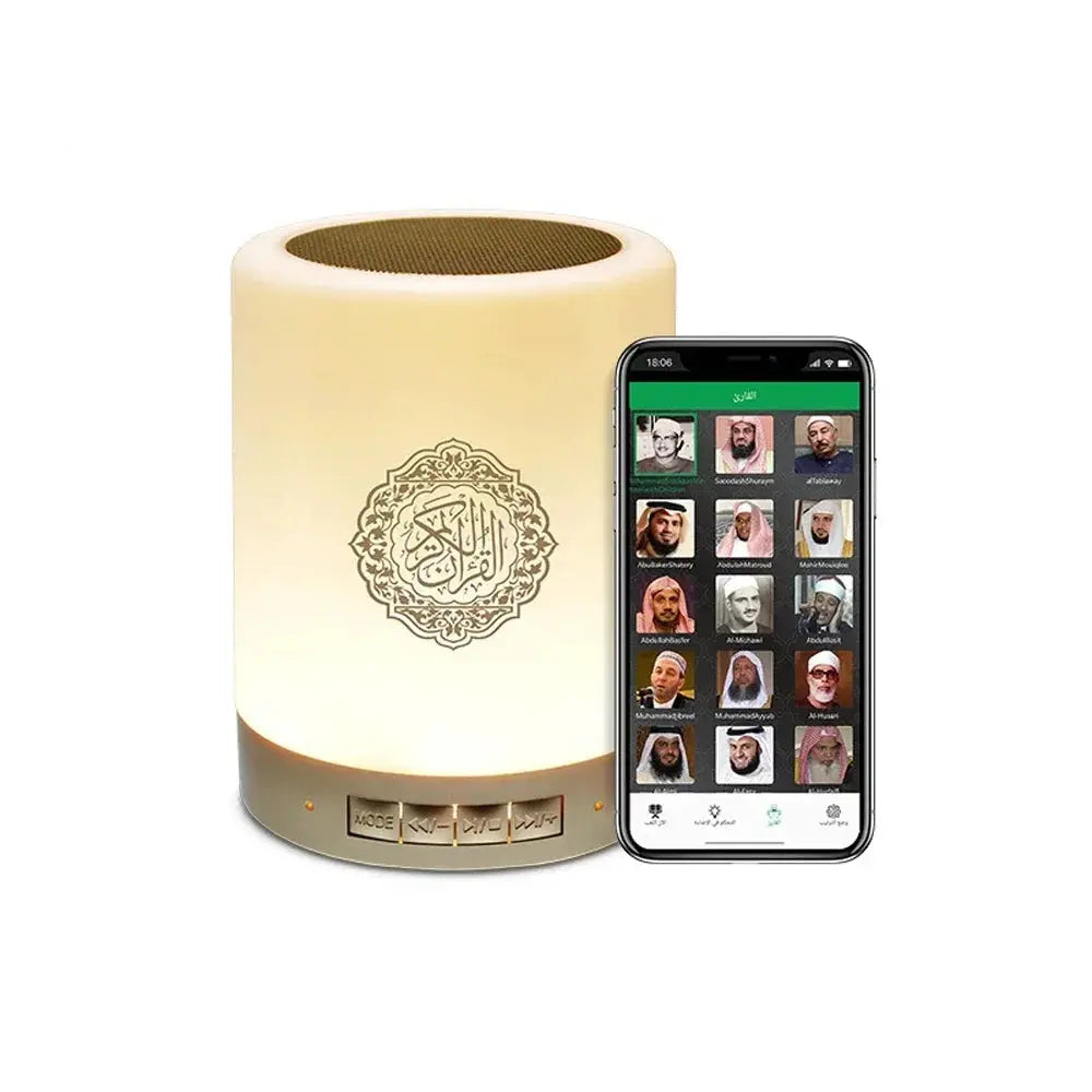 Portable multifunctional sound machine with LED night light, beige Bluetooth speaker beside a smartphone.
