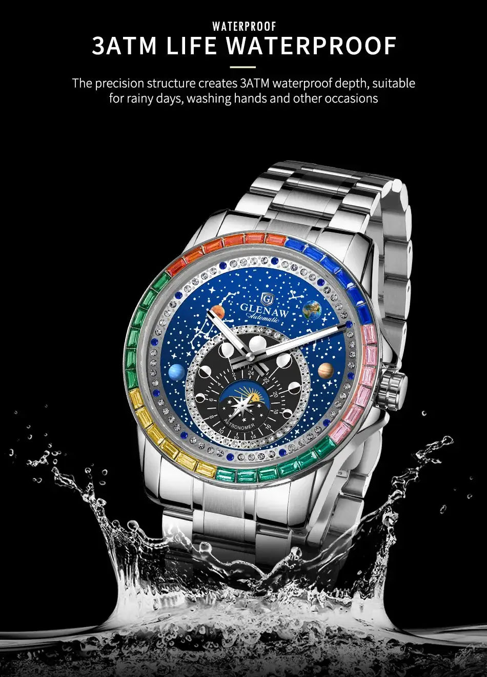 GLENAW Rainbow Circle mechanical watch for men; stainless steel bracelet, constellation dial, 3ATM water resistant