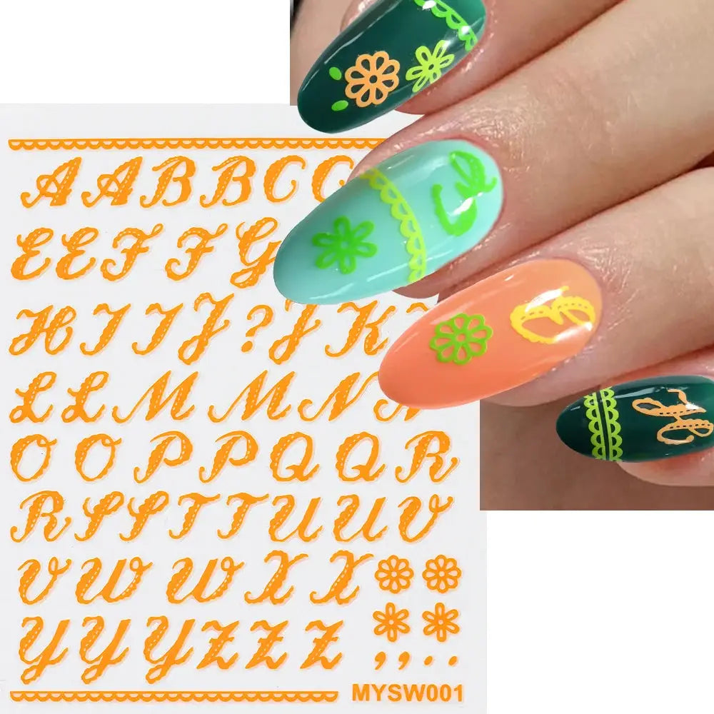 3D Roman letter nail stickers, orange script decals on white sheet, self-adhesive manicure decals by Simples Market