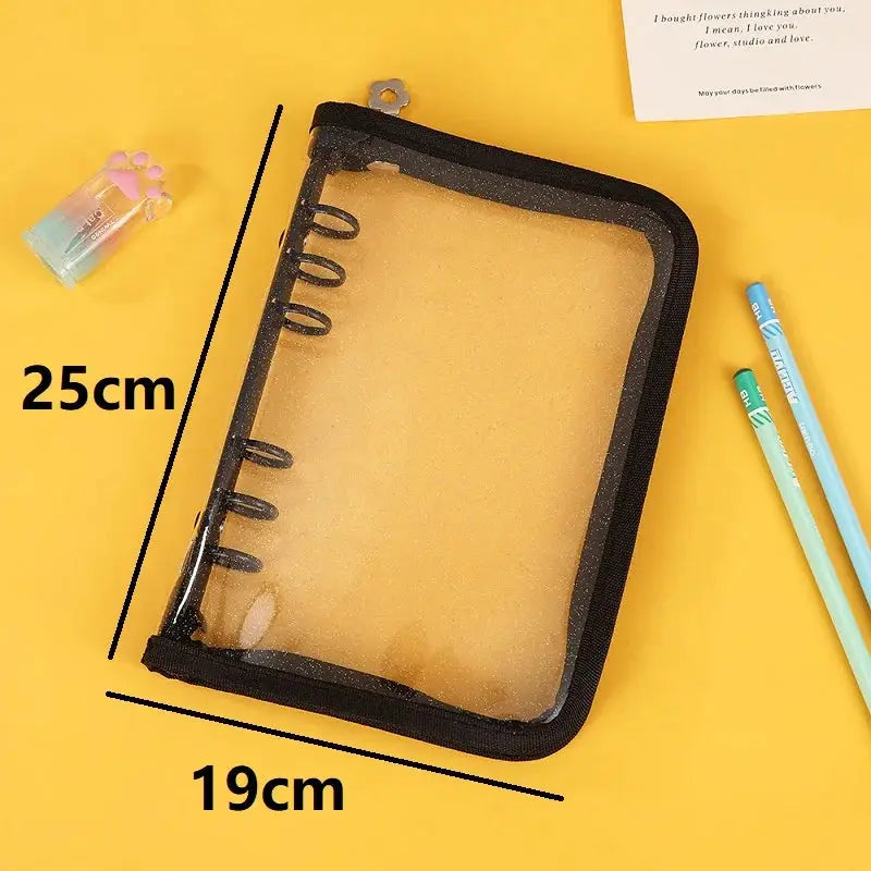 Simples Market A5 macaron binder, transparent plastic ring binder with black trim, two pencils, 25 cm by 19 cm