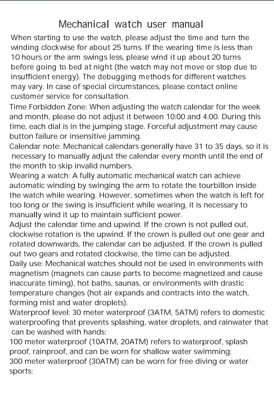 LONGLUX automatic watch manual page with winding, calendar, and waterproof notes.