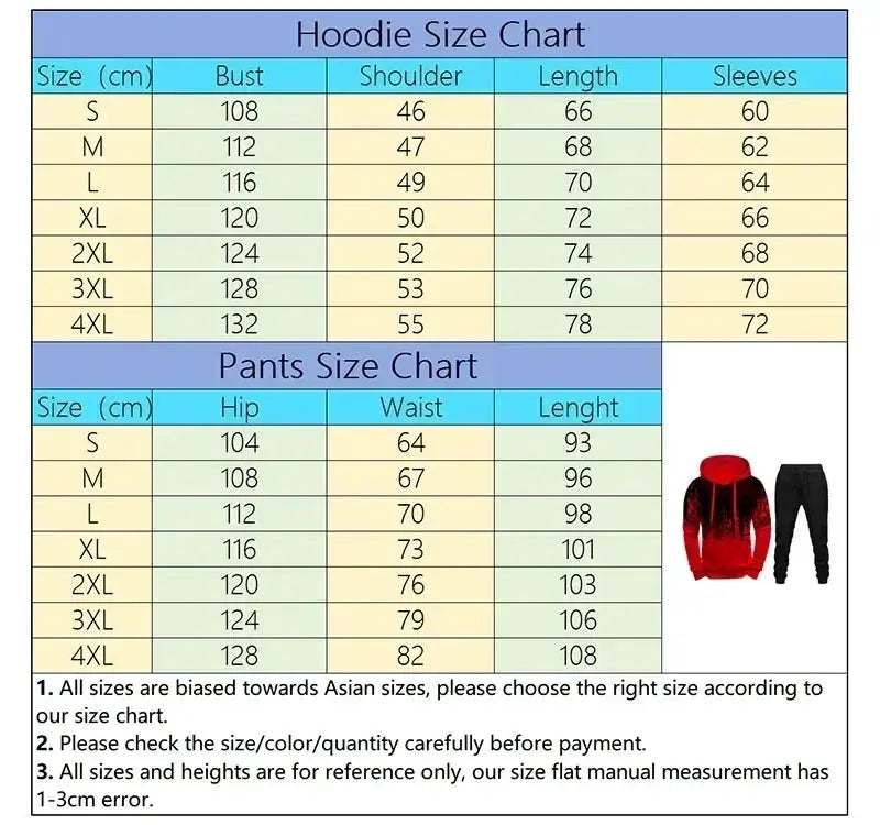 2-piece men's tracksuit hoodie and pants set; red splashed-ink hoodie with black pants, Simples Market