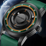 FOXBOX men's silicone sport watch with green strap, black case and orange-green bezel.