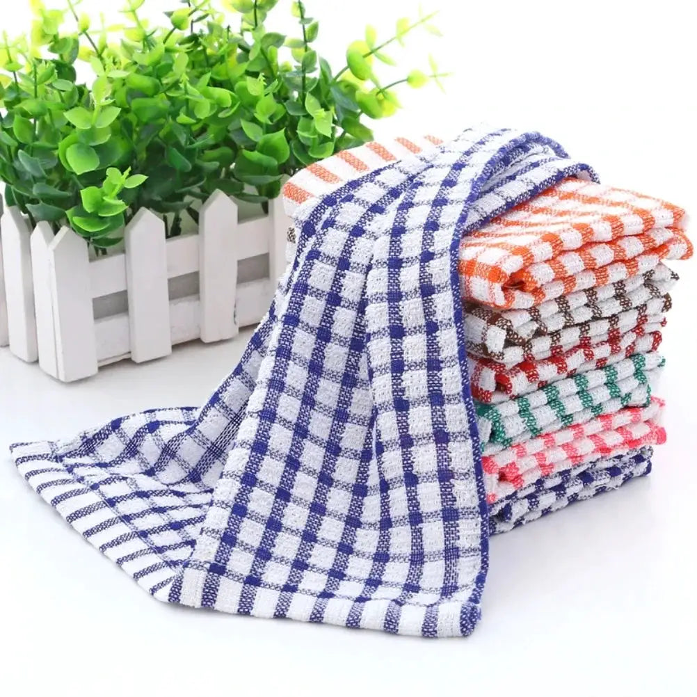 Simples Market 6pc cotton kitchen towels, absorbent lint-free dish cloths with multi-color check patterns
