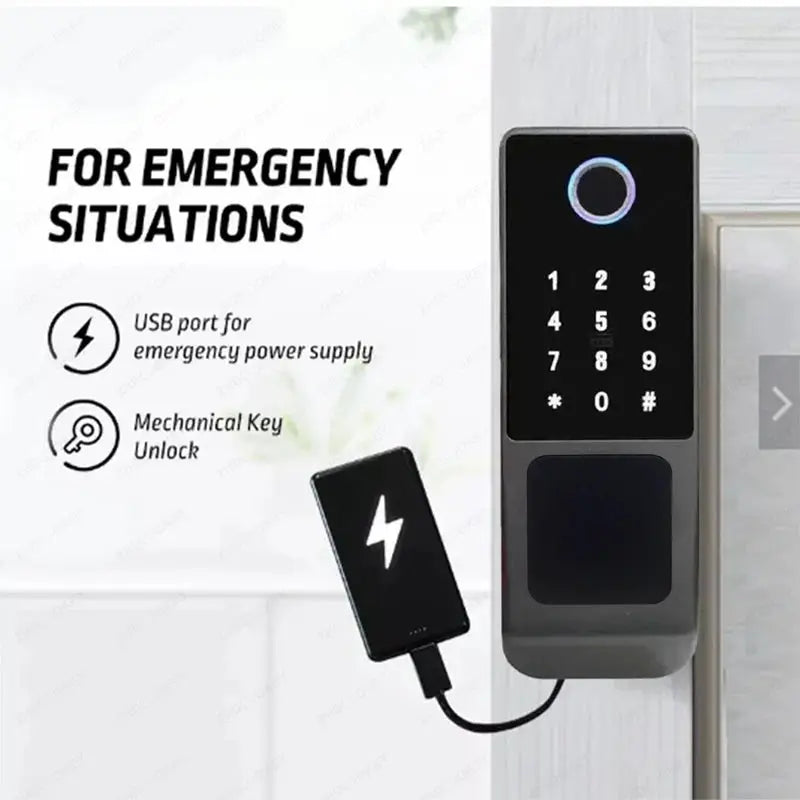 Tuya WiFi double-side fingerprint door lock by Simples Market with keypad and USB emergency power unit