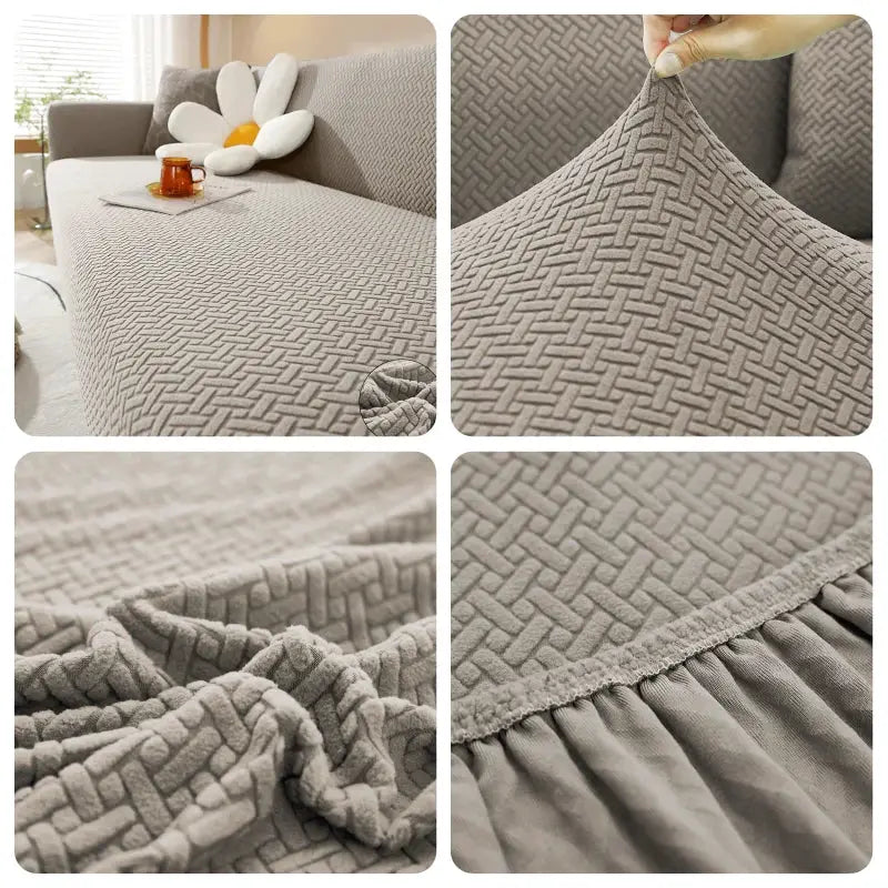 Jacquard elastic sofa cover by Simples Market in beige polar fleece for L-shaped sofas and armchairs