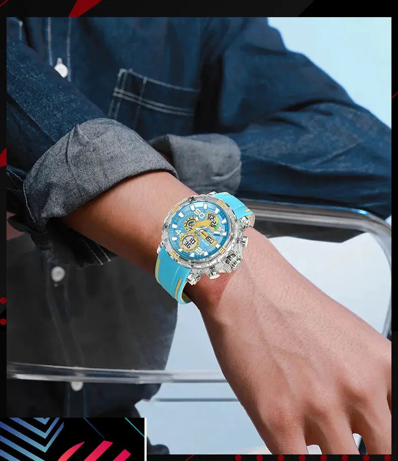 Men's military-style digital sport watch with blue silicone strap and silver case.