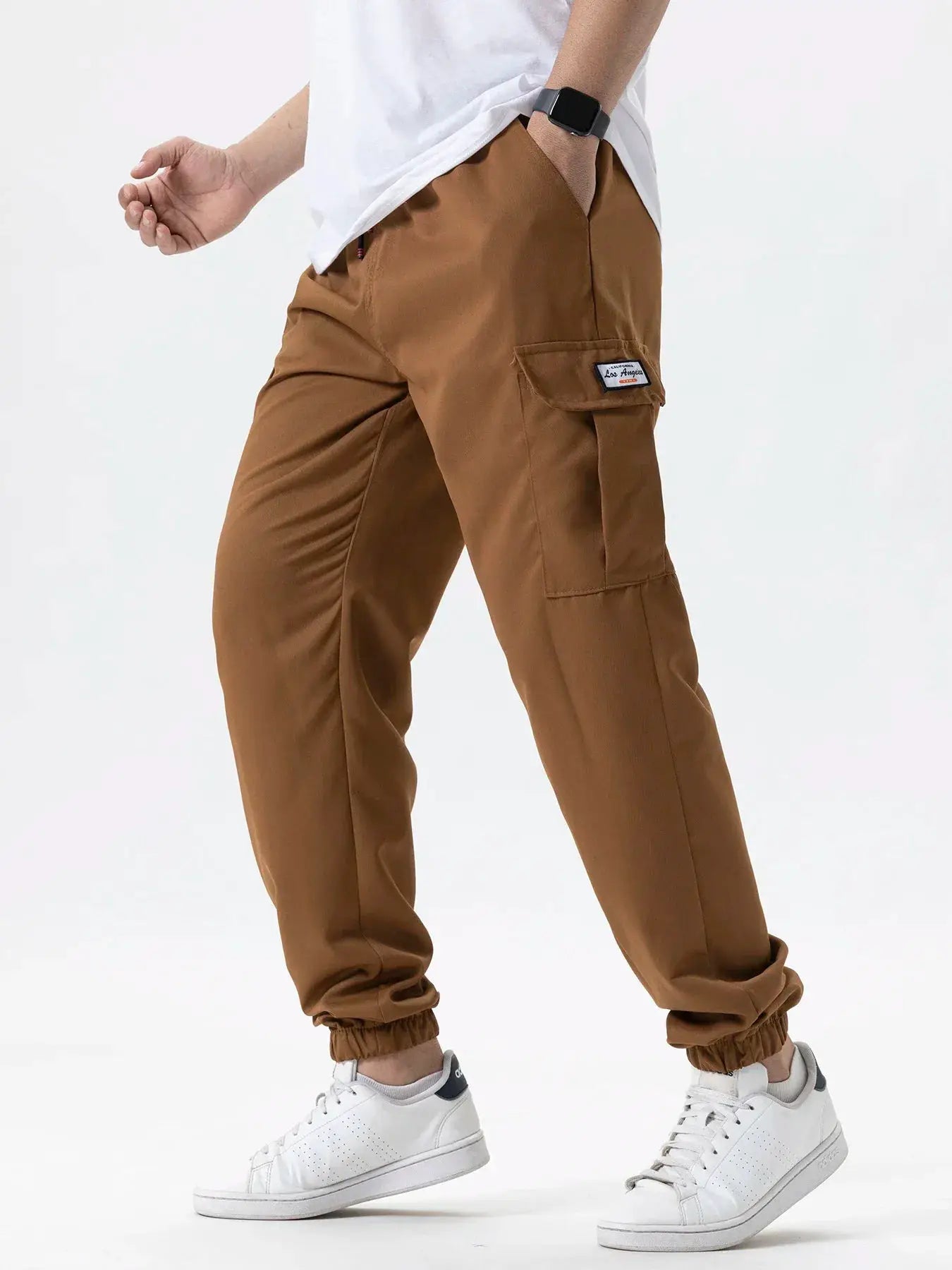 Men's brown cargo joggers with thigh cargo pocket, drawstring waist, elastic cuffs
