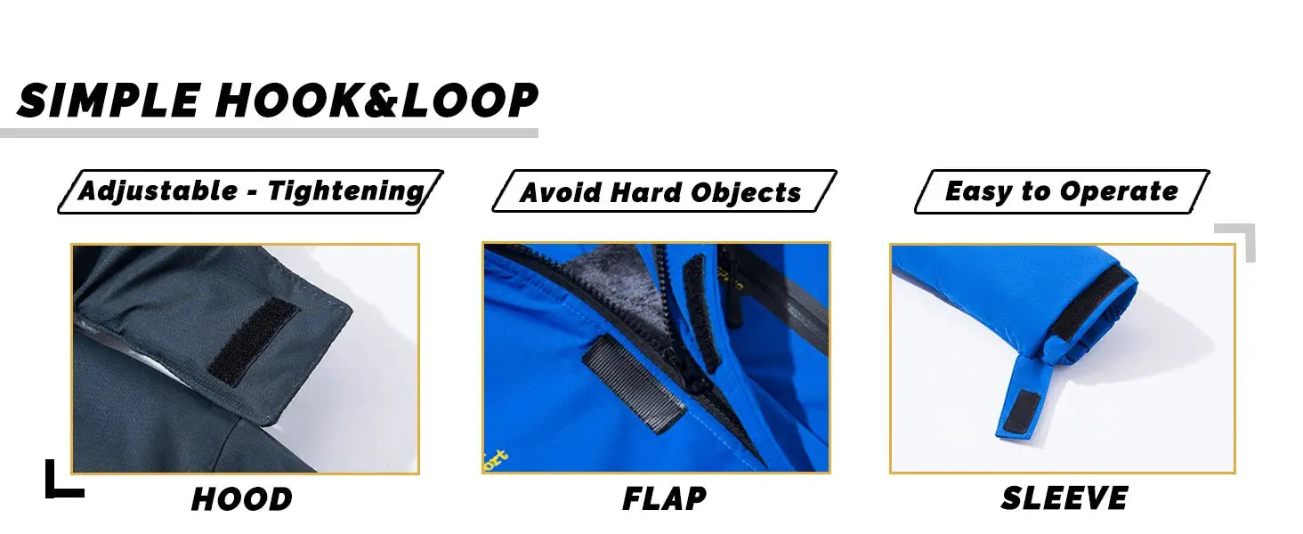 KEFITEVD men's blue winter ski jacket by Simples Market; Velcro hood, flap and sleeve closures.