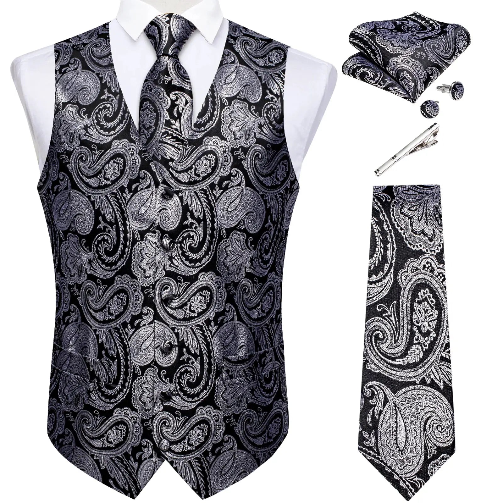Black Jacquard Men Vest Paisley Single Breasted Wedding Groom