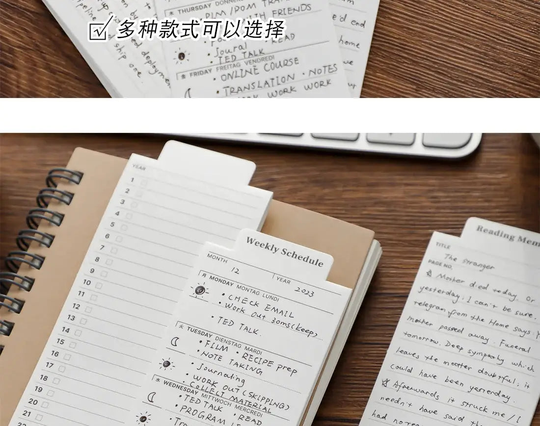 MINKYS 24-sheet bookmark memo pads with weekly planner inserts on a beige spiral notebook by Simples Market