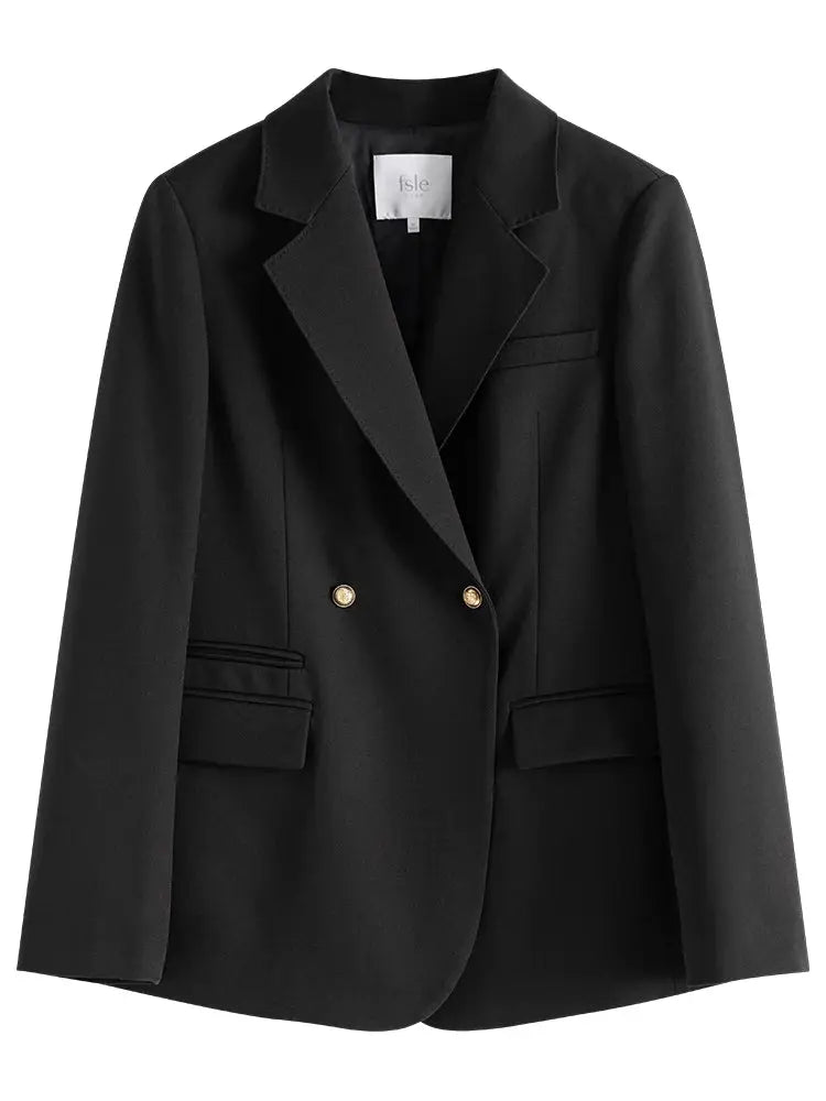 Simples Market FSLE women's black blazer with gold buttons, notched lapels, flap pockets