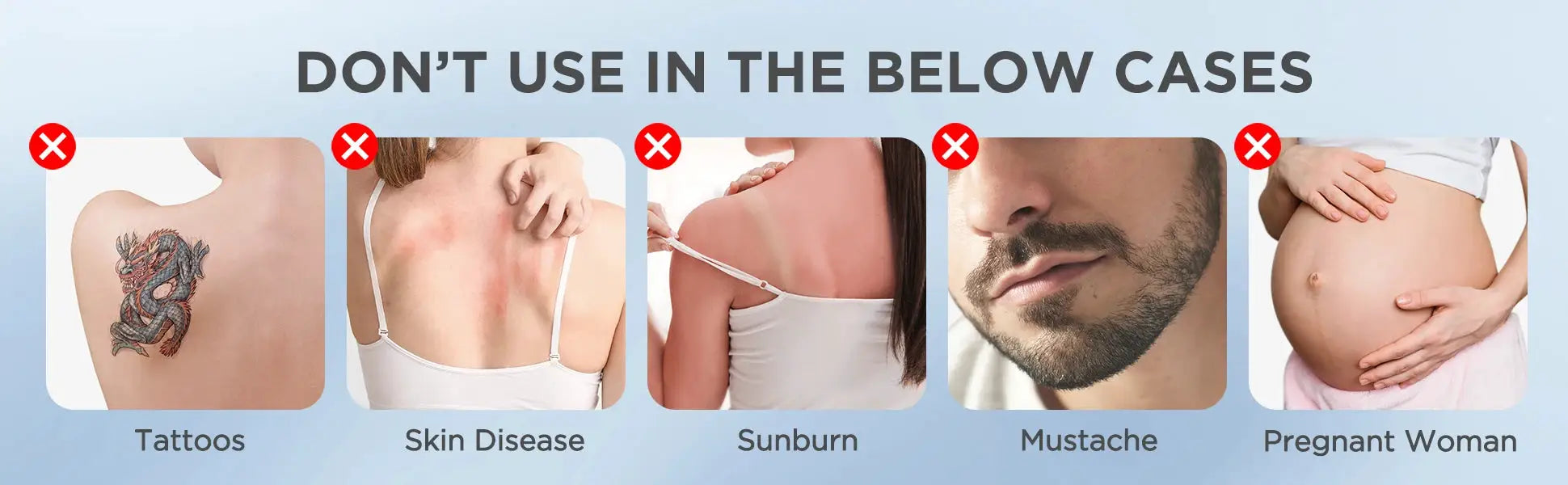Simples Market INNZA IPL hair remover banner; don’t use if tattoos, skin disease, sunburn, mustache, or pregnant woman