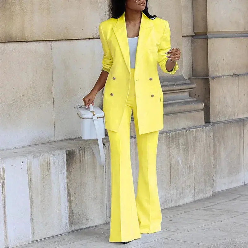Women's yellow 2-piece blazer suit set with high-waisted straight-leg pants by Simples Market