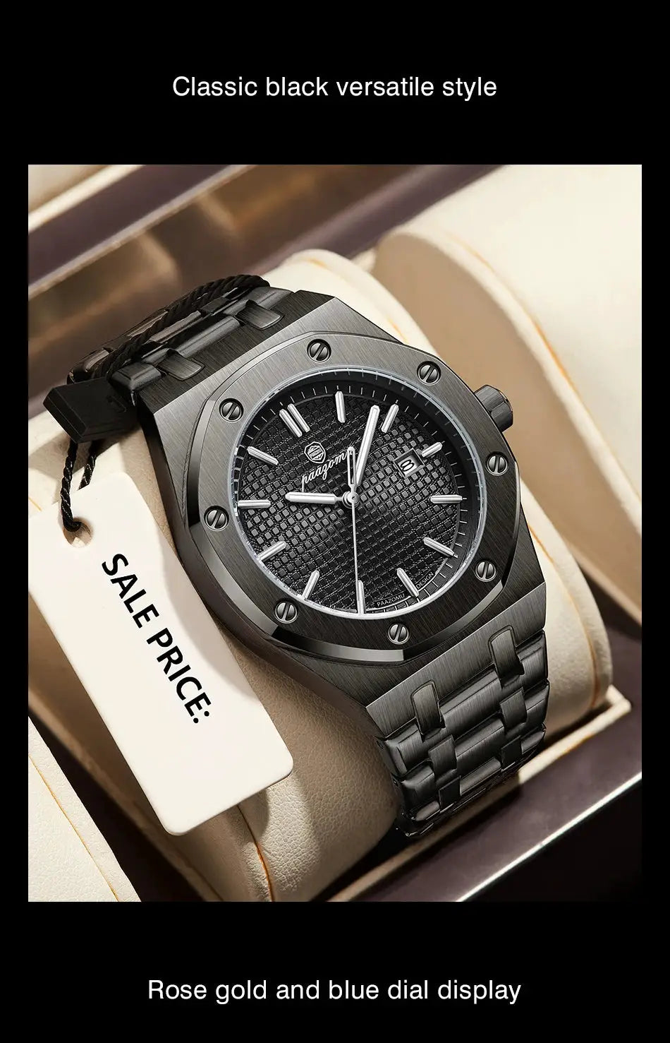 PAAZOMU men's luxury square quartz watch, black stainless steel with textured dial and date display