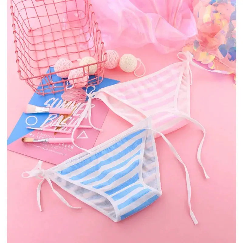 Panties for women, two cotton striped pink and blue with white trim, 2-pack.