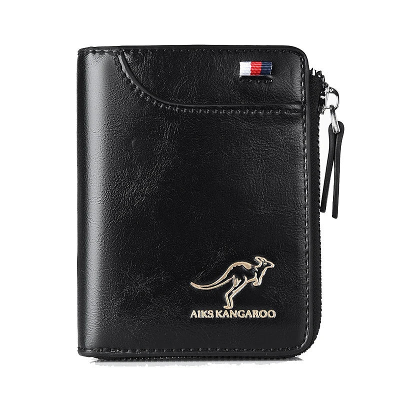 Men's black leather zippered wallet with gold AIKS KANGAROO logo and tricolor badge.