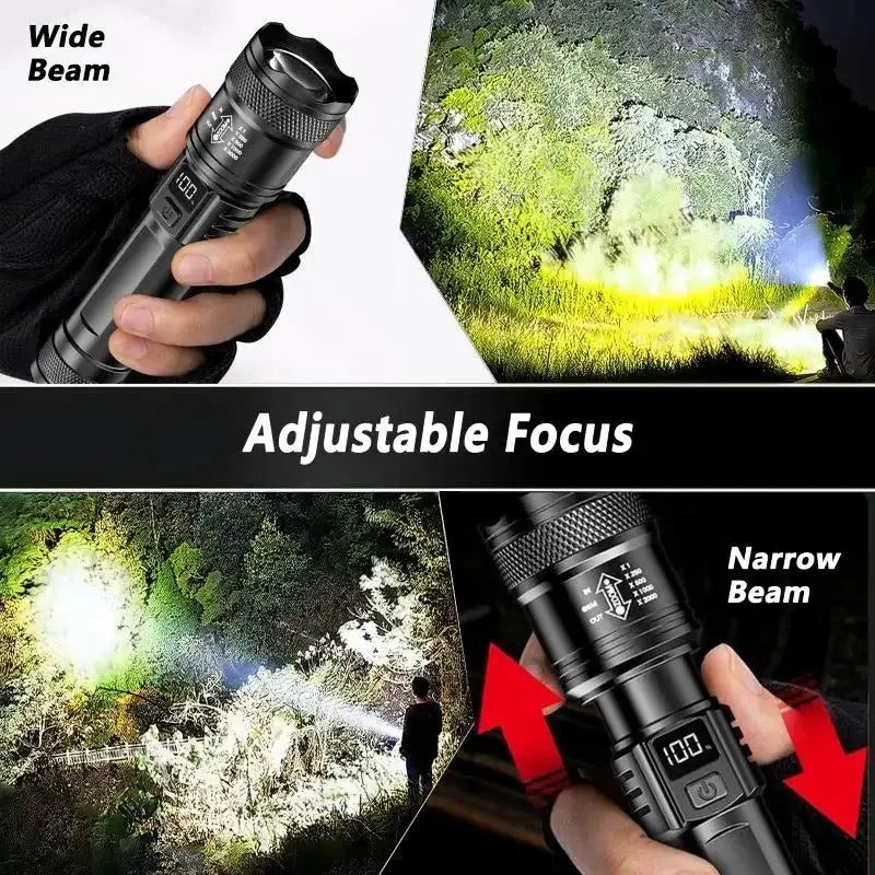 Simples Market Rechargeable LED flashlight with LCD display, zoomable focus, 3 modes, waterproof outdoor hand light