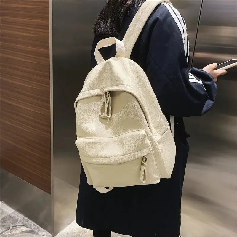 HOCODO cream PU leather backpack, women's fashion school bag with front pocket