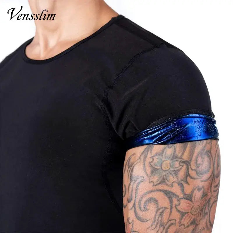 Vensslim men’s sauna vest with blue metallic sleeve band on black fabric, Simples Market