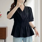 Plus Size Elastic Waist V Neck Puff Sleeve Blouse For Summer