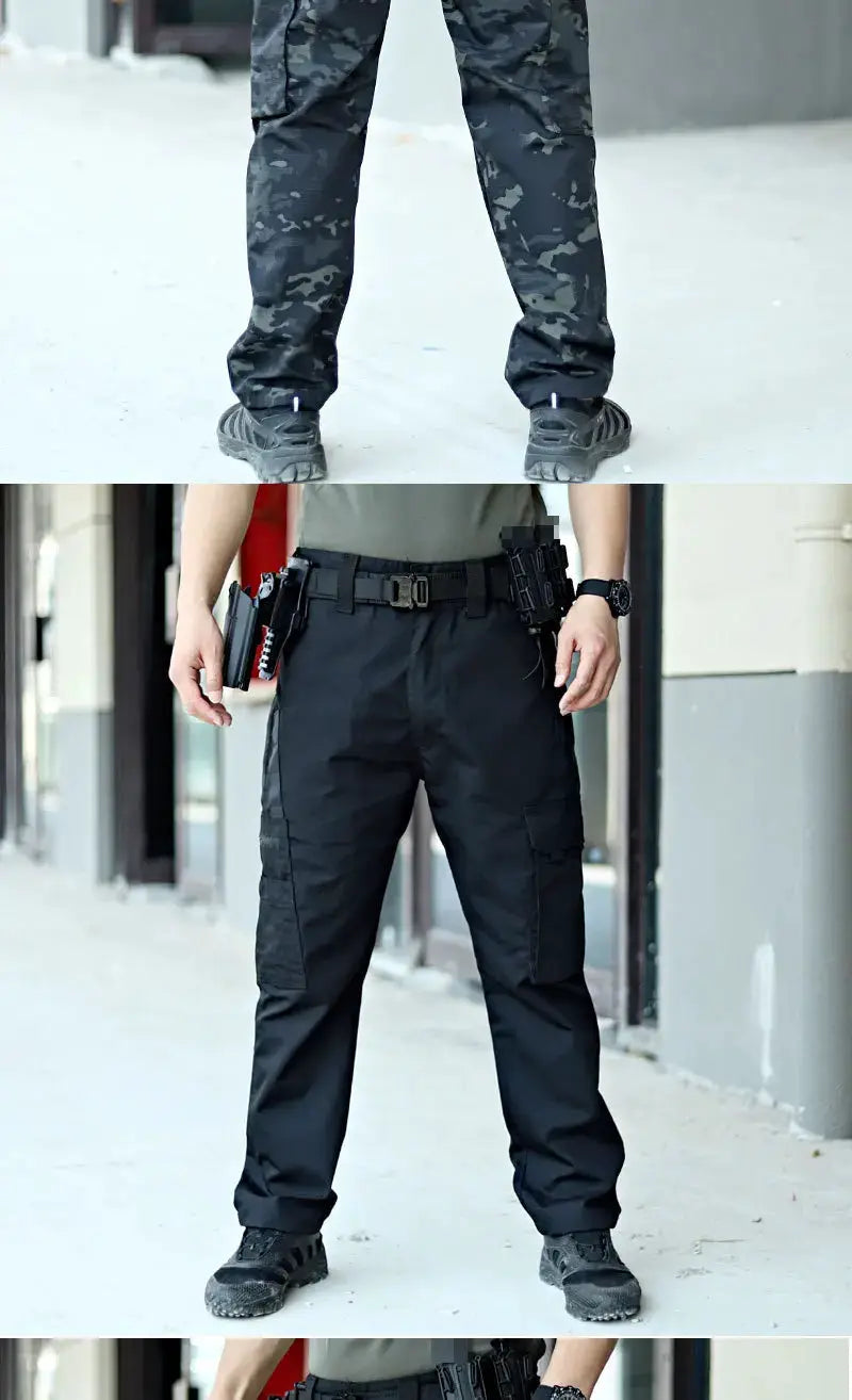 Two tactical cargo work pants in camo and black with multiple pockets and waterproof fabric for outdoor use