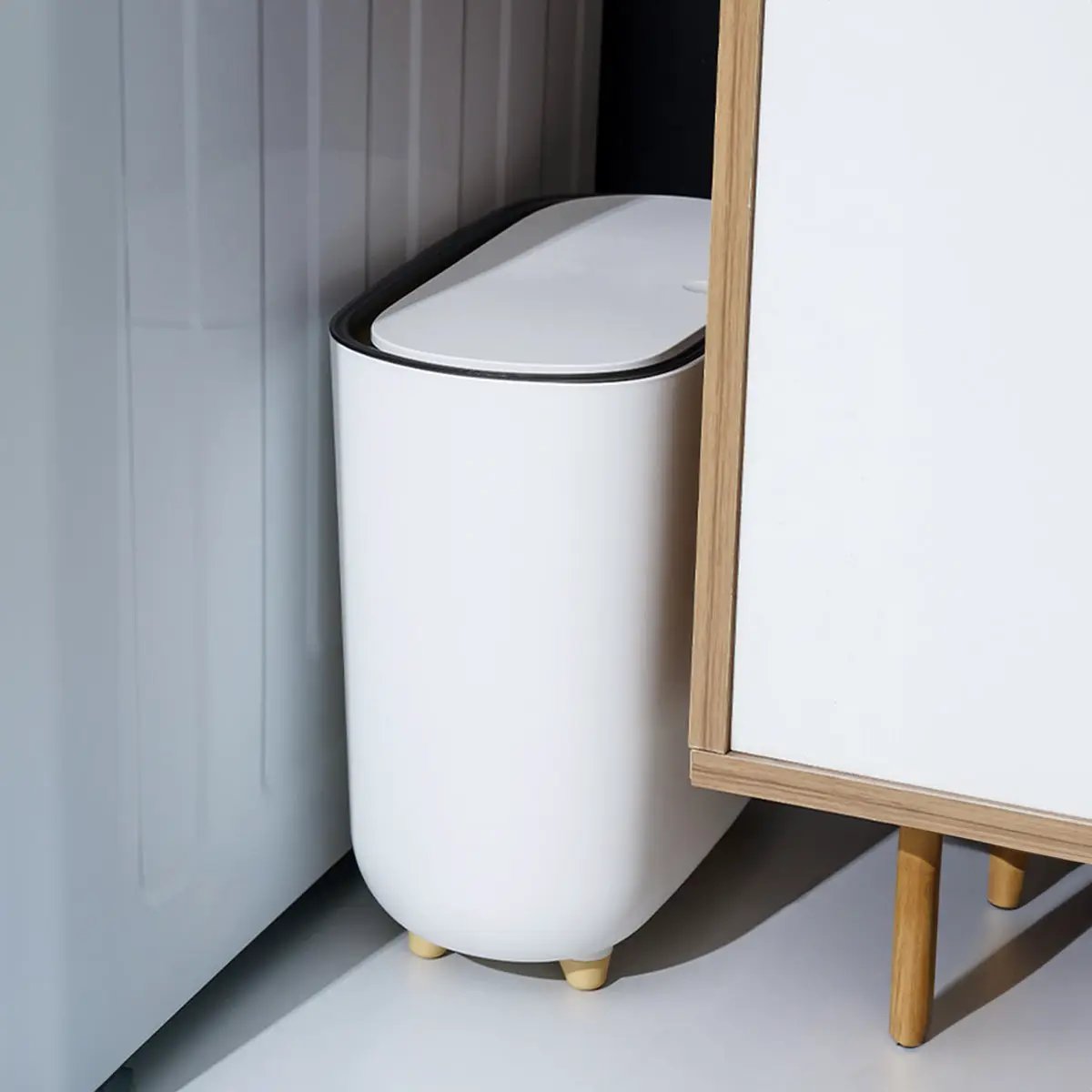 Narrow Shape Press Ring Trash Can with Lid for Bathroom Gap, white, Simples Market
