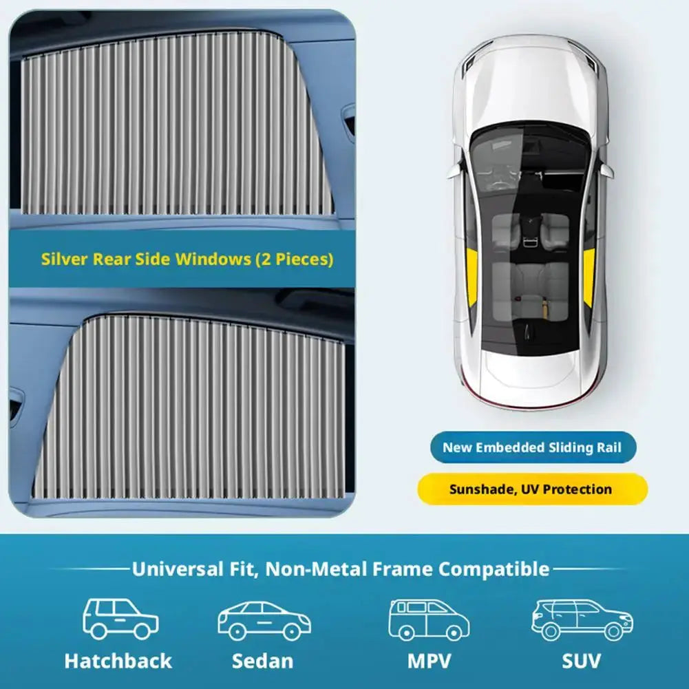 2-piece silver car side window sun shade set with embedded sliding rail, UV protection