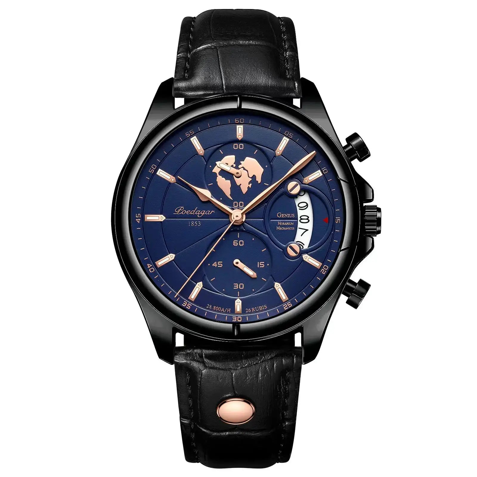 POEDAGAR luxury men's wristwatch with blue dial, rose gold hands, black case and leather strap