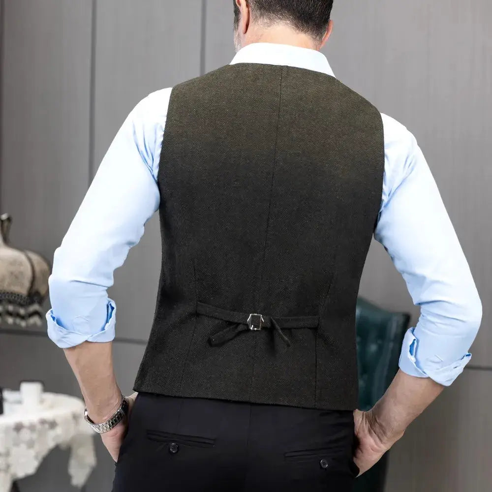 Simples Market men's herringbone waistcoat with back buckle, charcoal over light blue shirt