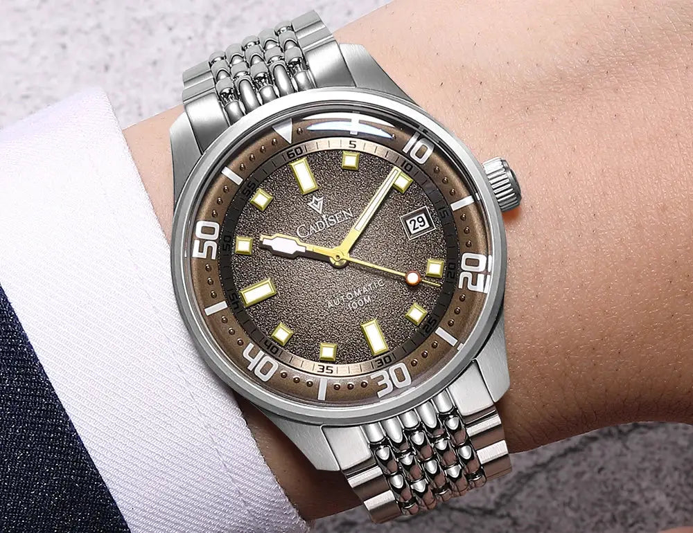Cadisen automatic mechanical watch; silver stainless steel case and bracelet, brown dial