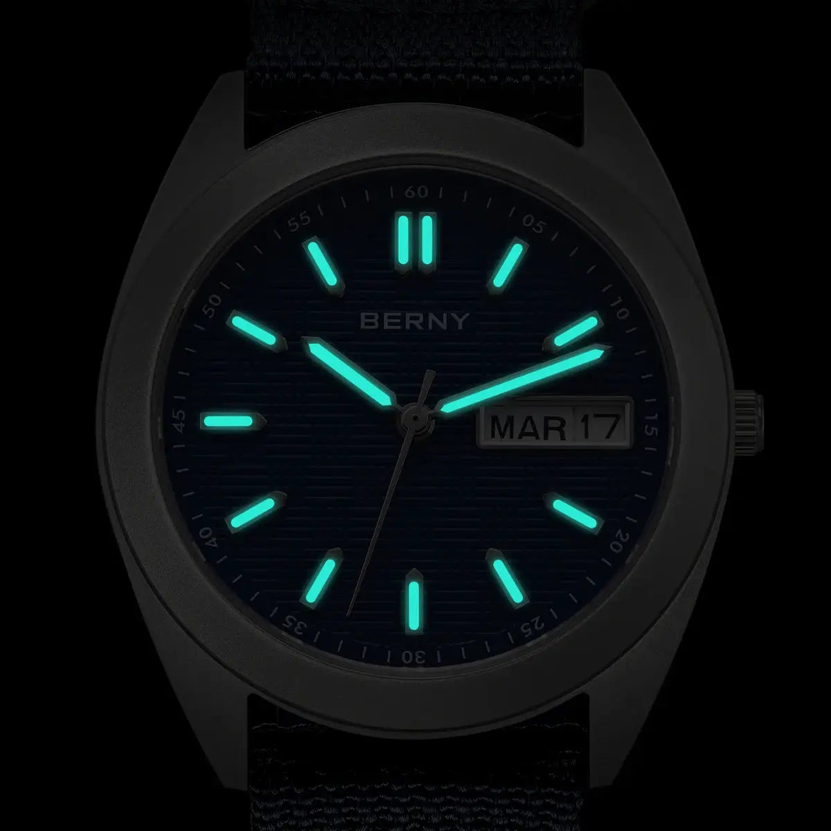 BERNY titanium men's watch with luminous teal markers and date window, 38mm case, black strap