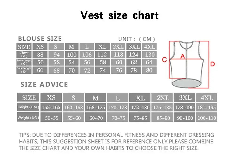 Cycling vest size chart with XS-4XL, showing chest, front and back lengths for windproof, sleeveless jersey schematic