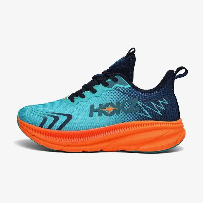 HOKA running shoe with turquoise mesh upper and bright orange midsole, breathable lightweight design.