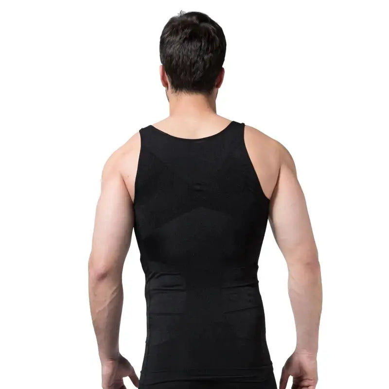 Mens compression sleeveless jersey tank top in black by Simples Market; slim fit gym shirt.