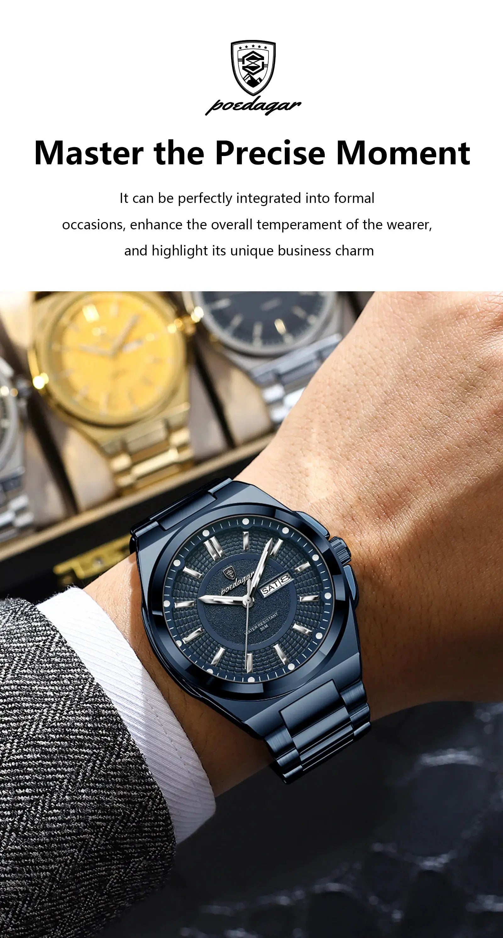 POEDAGAR sport original men's blue stainless steel wristwatch with date and day display, luminous hands.