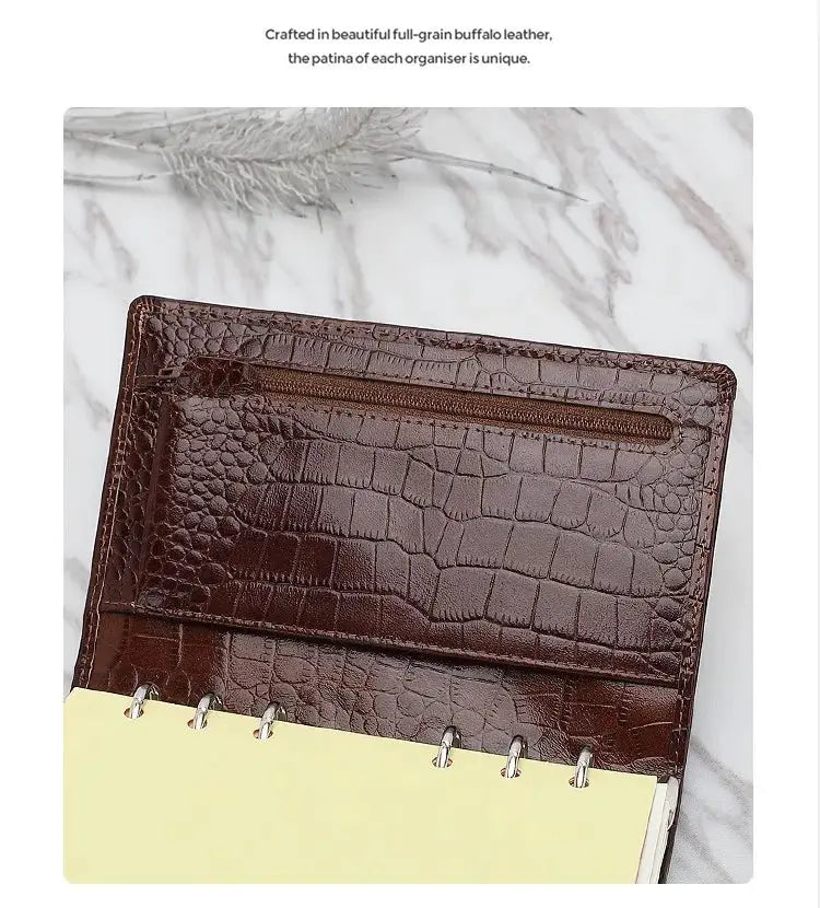 Yiwi genuine leather pocket-size planner, brown crocodile-pattern with ring binder and zip pocket