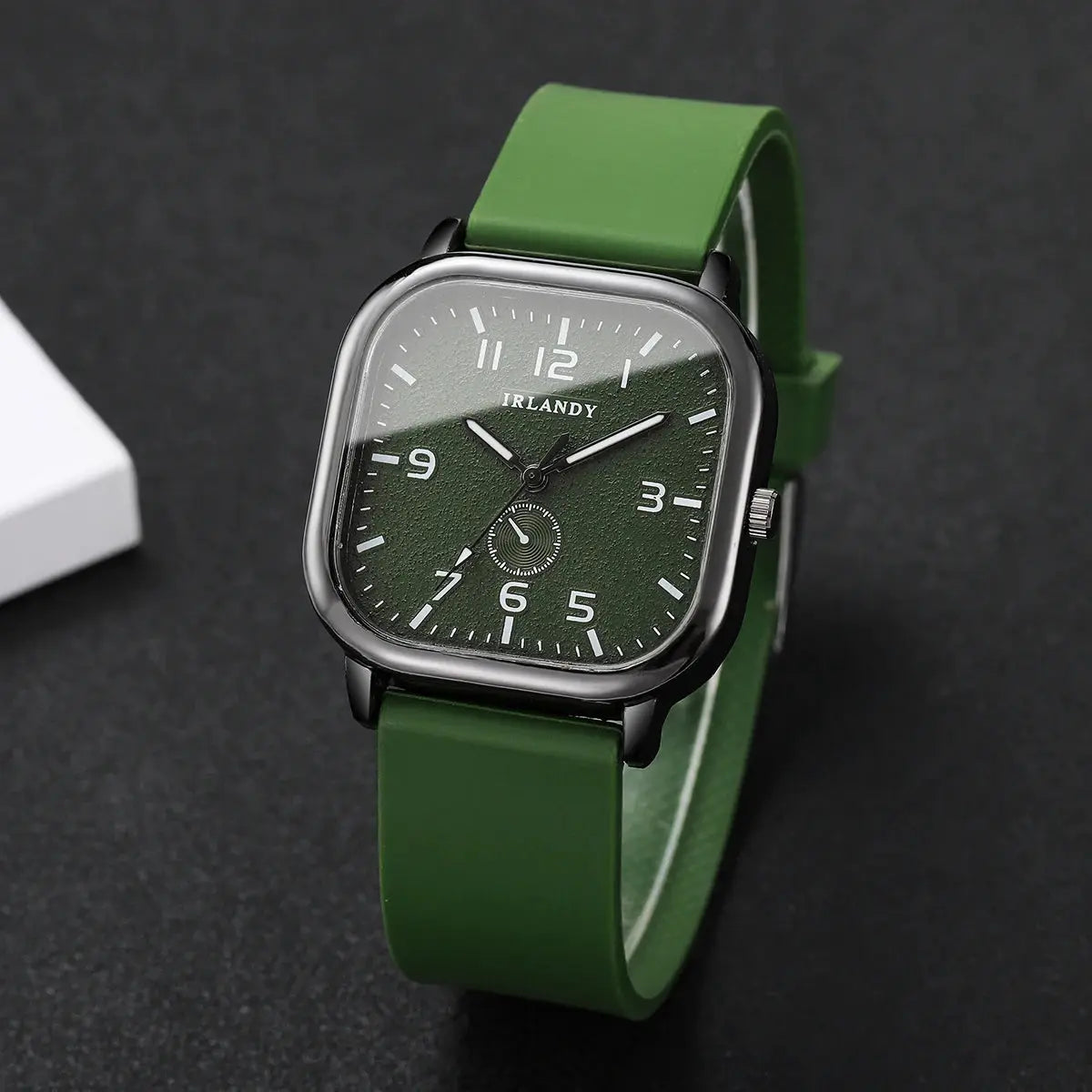 Square IRLANDY watch with green dial and green silicone strap, black case, analog quartz